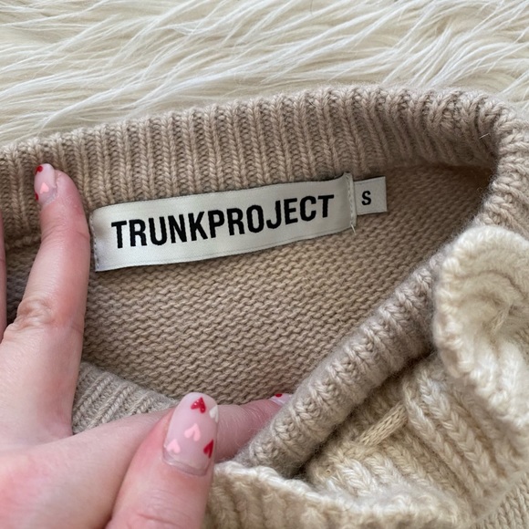 Trunk Project Korean Cream Knit Ruffled Tie Neck Oversized Wool Sweater - Picture 9 of 11